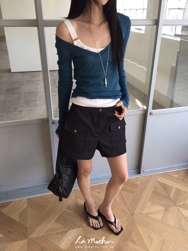 方口袋牛仔條紋短褲